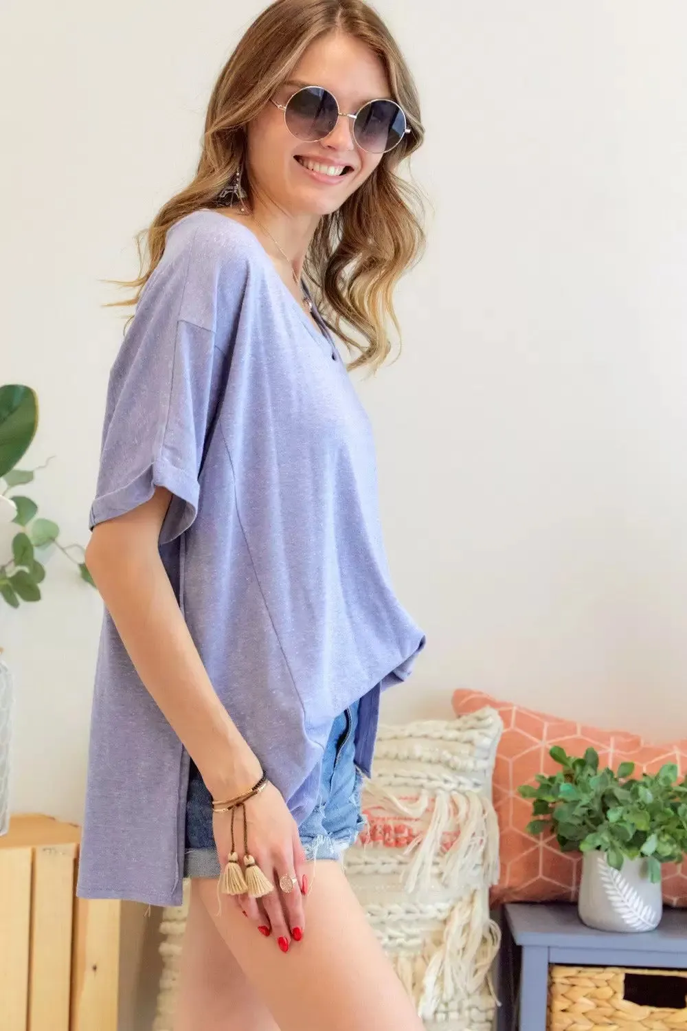 Adora Lavender Braided  Neckline Loose Fit Tee
