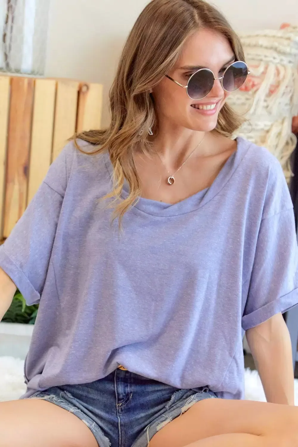 Adora Lavender Braided  Neckline Loose Fit Tee