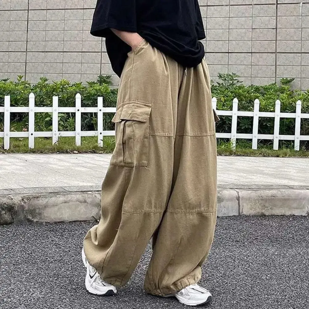 Aidase Trendy Cargo Pants Four Seasons Men Pants Elastic Waist Drawcord Leg Opening Pants  Streetwear