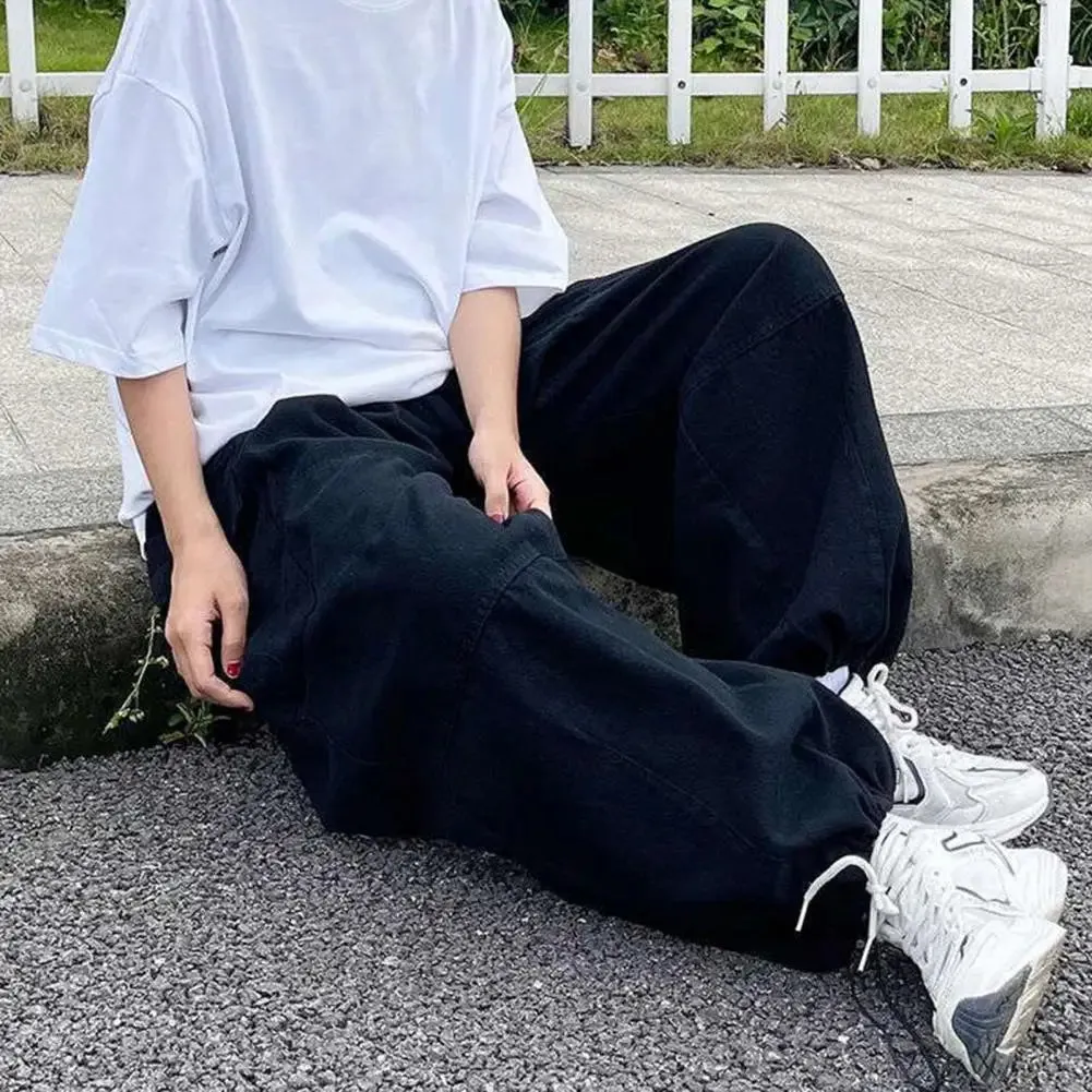 Aidase Trendy Cargo Pants Four Seasons Men Pants Elastic Waist Drawcord Leg Opening Pants  Streetwear