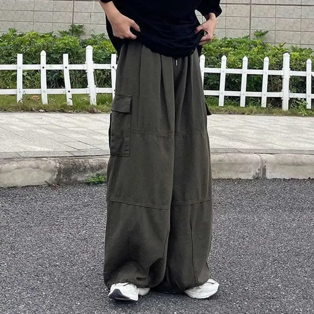 Aidase Trendy Cargo Pants Four Seasons Men Pants Elastic Waist Drawcord Leg Opening Pants  Streetwear