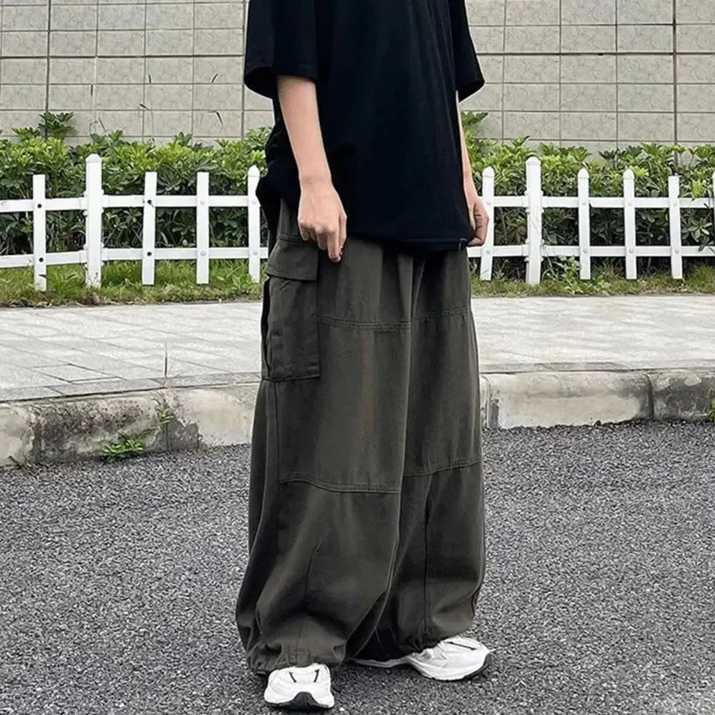 Aidase Trendy Cargo Pants Four Seasons Men Pants Elastic Waist Drawcord Leg Opening Pants  Streetwear