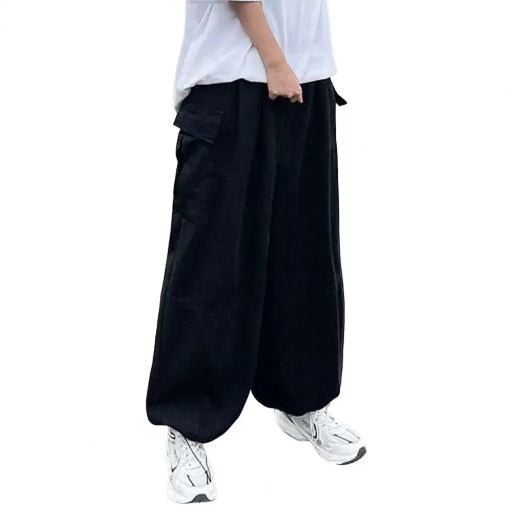 Aidase Trendy Cargo Pants Four Seasons Men Pants Elastic Waist Drawcord Leg Opening Pants  Streetwear