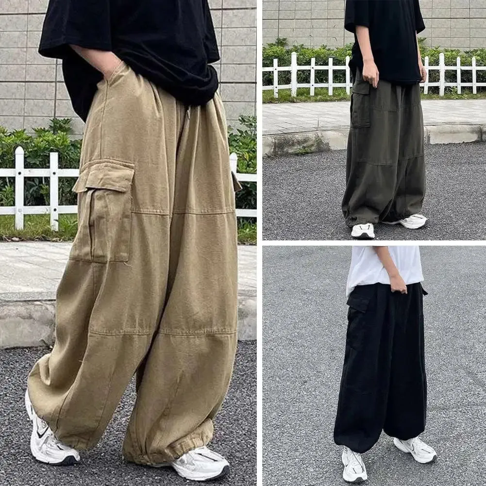 Aidase Trendy Cargo Pants Four Seasons Men Pants Elastic Waist Drawcord Leg Opening Pants  Streetwear