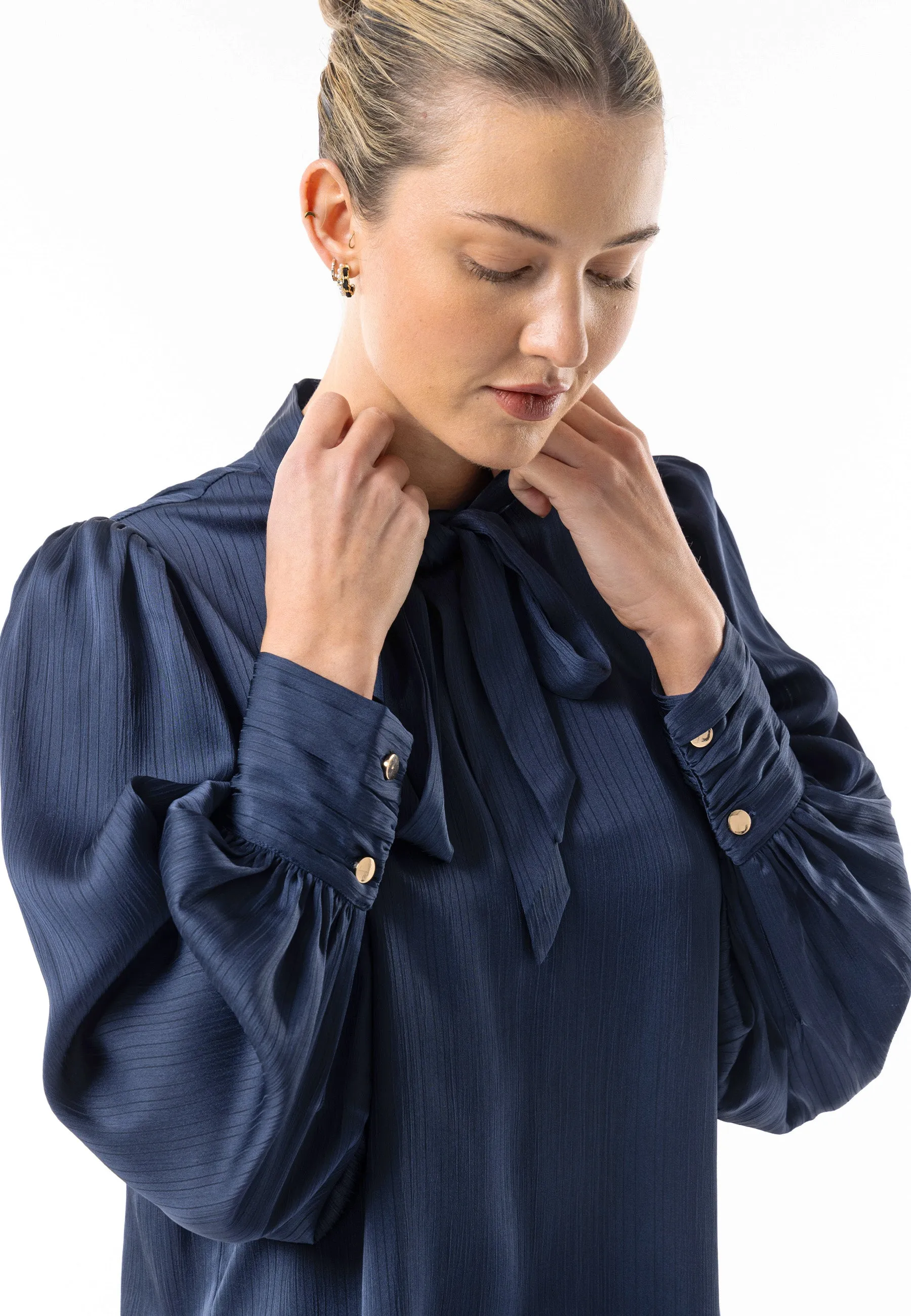 Angeleye Satin Textured Tie Neck Blouse In Navy