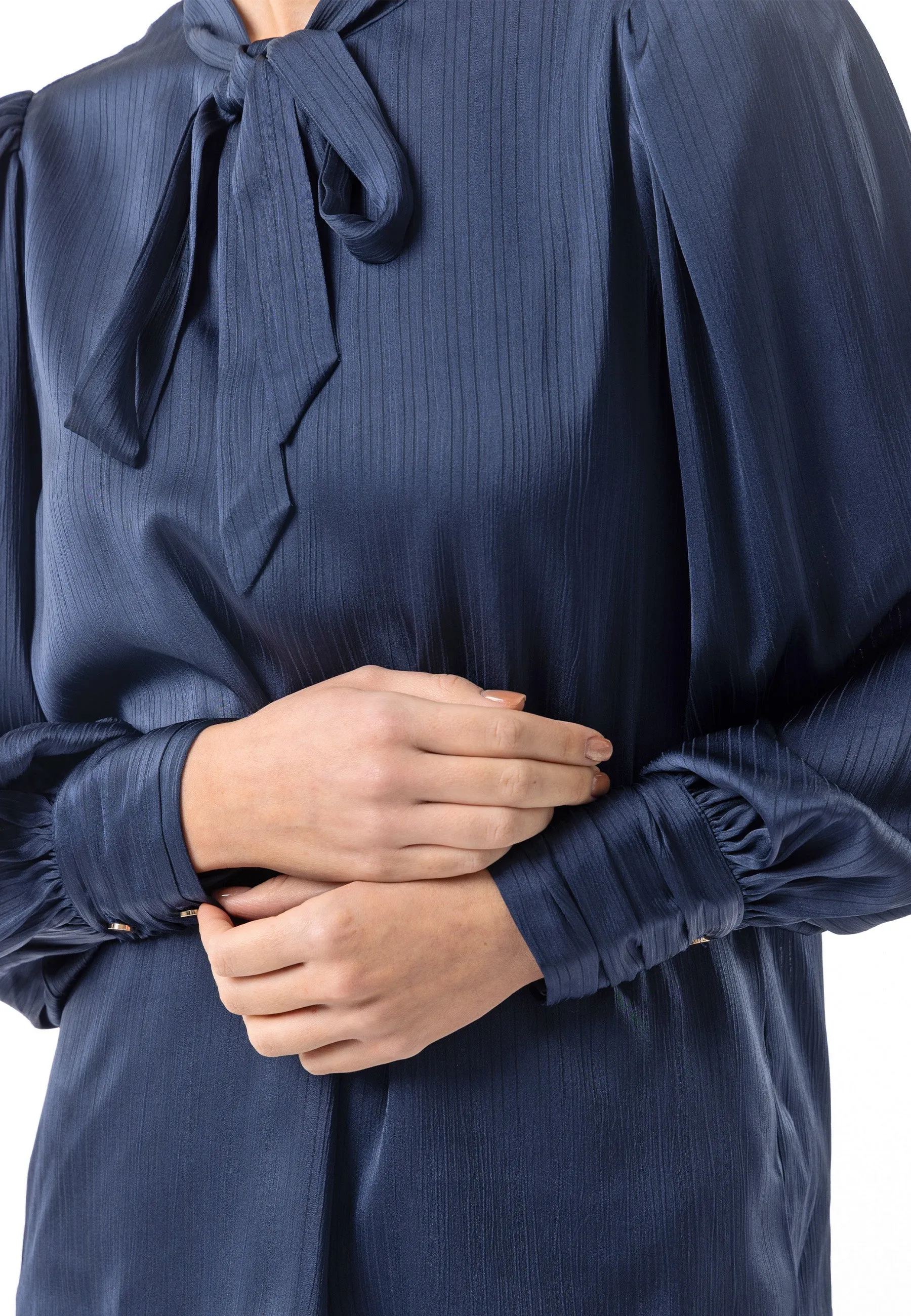 Angeleye Satin Textured Tie Neck Blouse In Navy