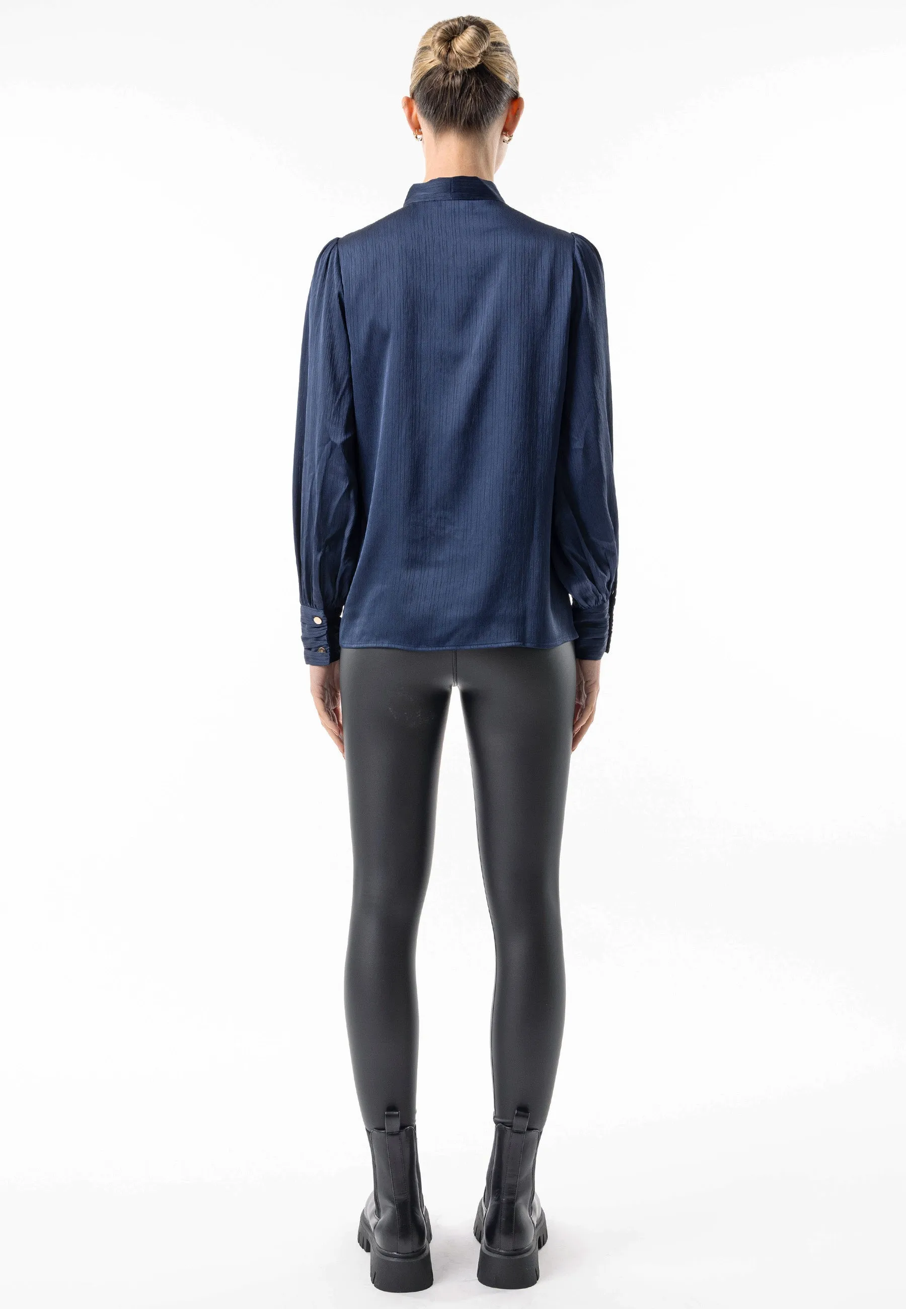 Angeleye Satin Textured Tie Neck Blouse In Navy