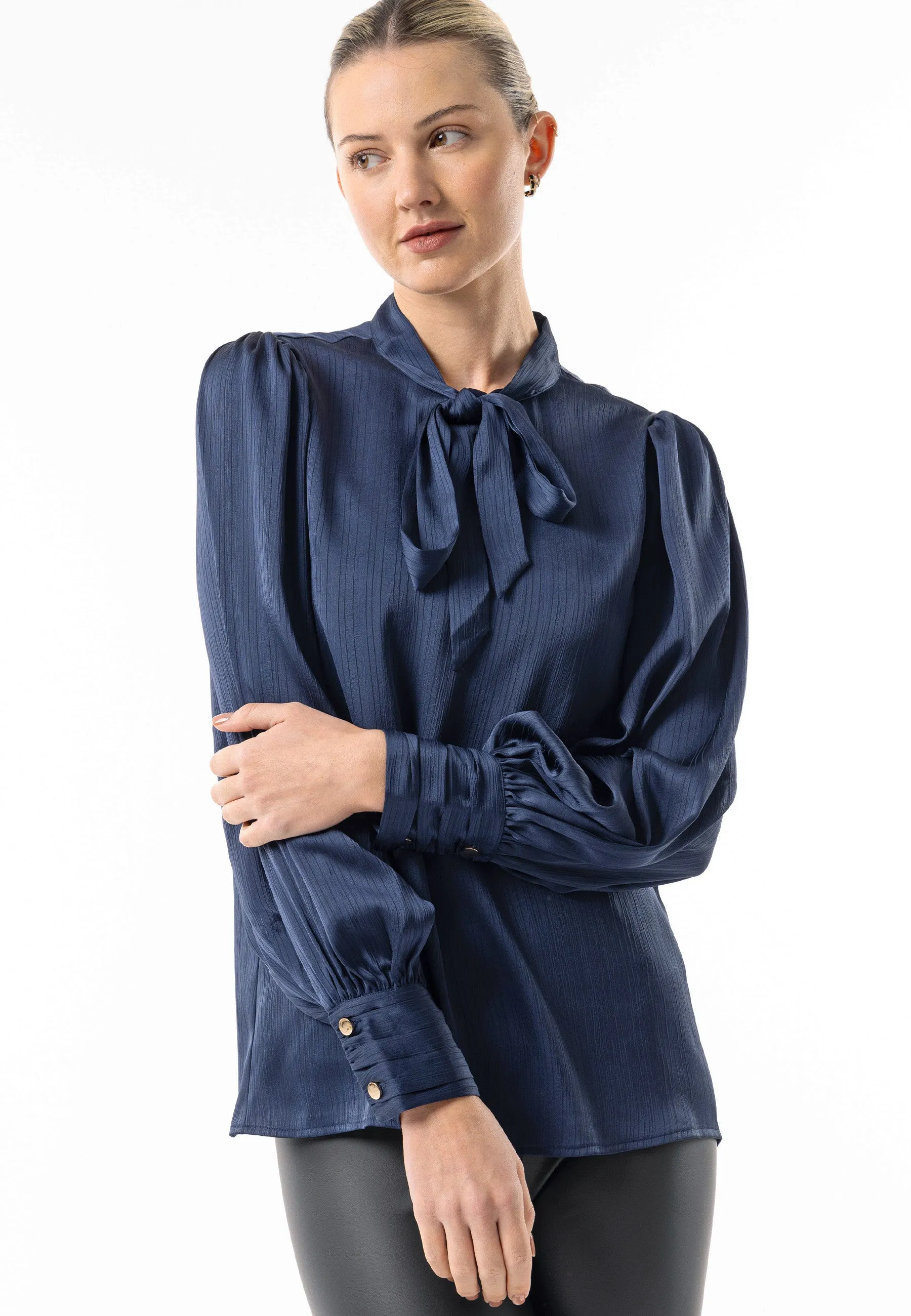 Angeleye Satin Textured Tie Neck Blouse In Navy
