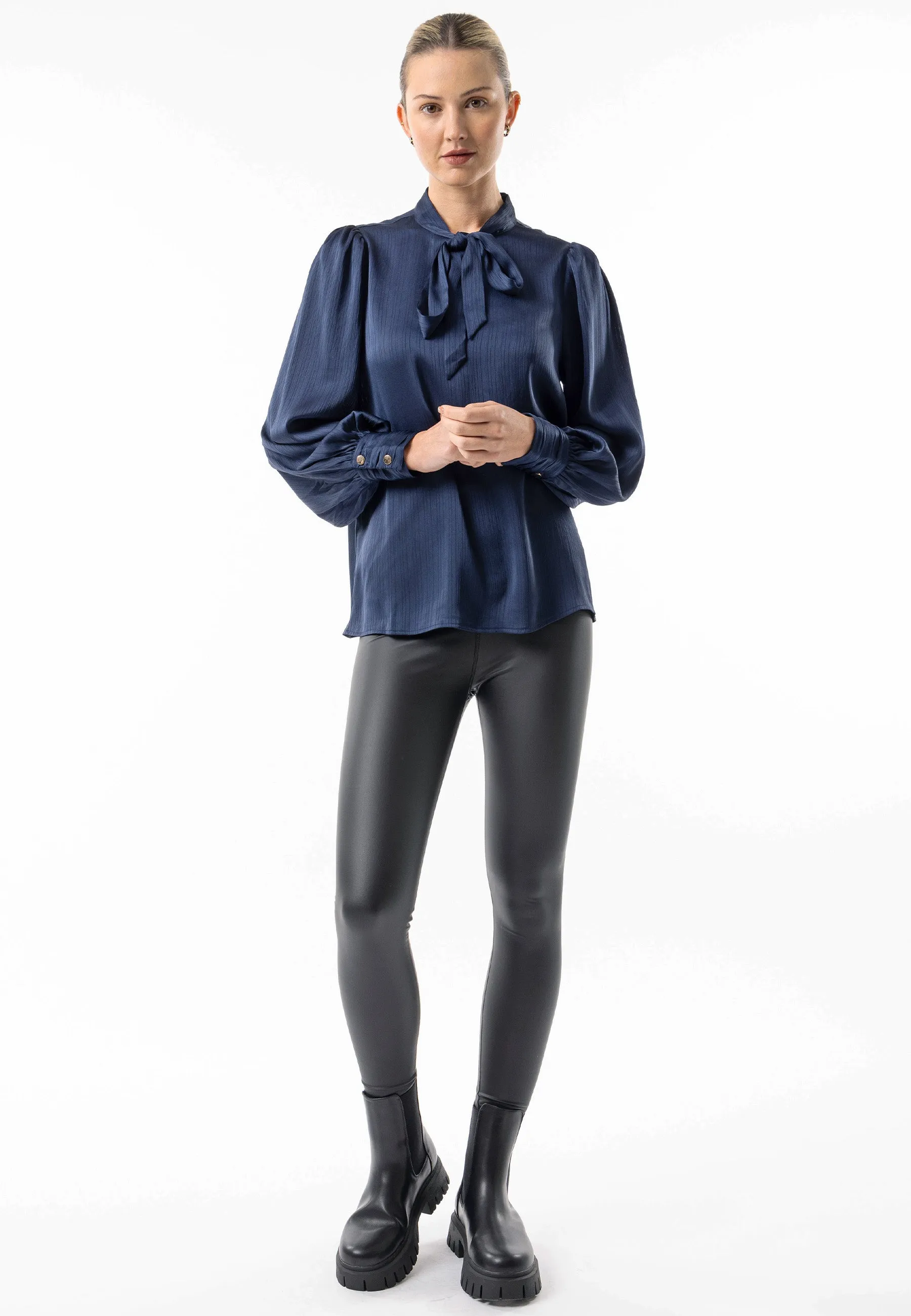 Angeleye Satin Textured Tie Neck Blouse In Navy