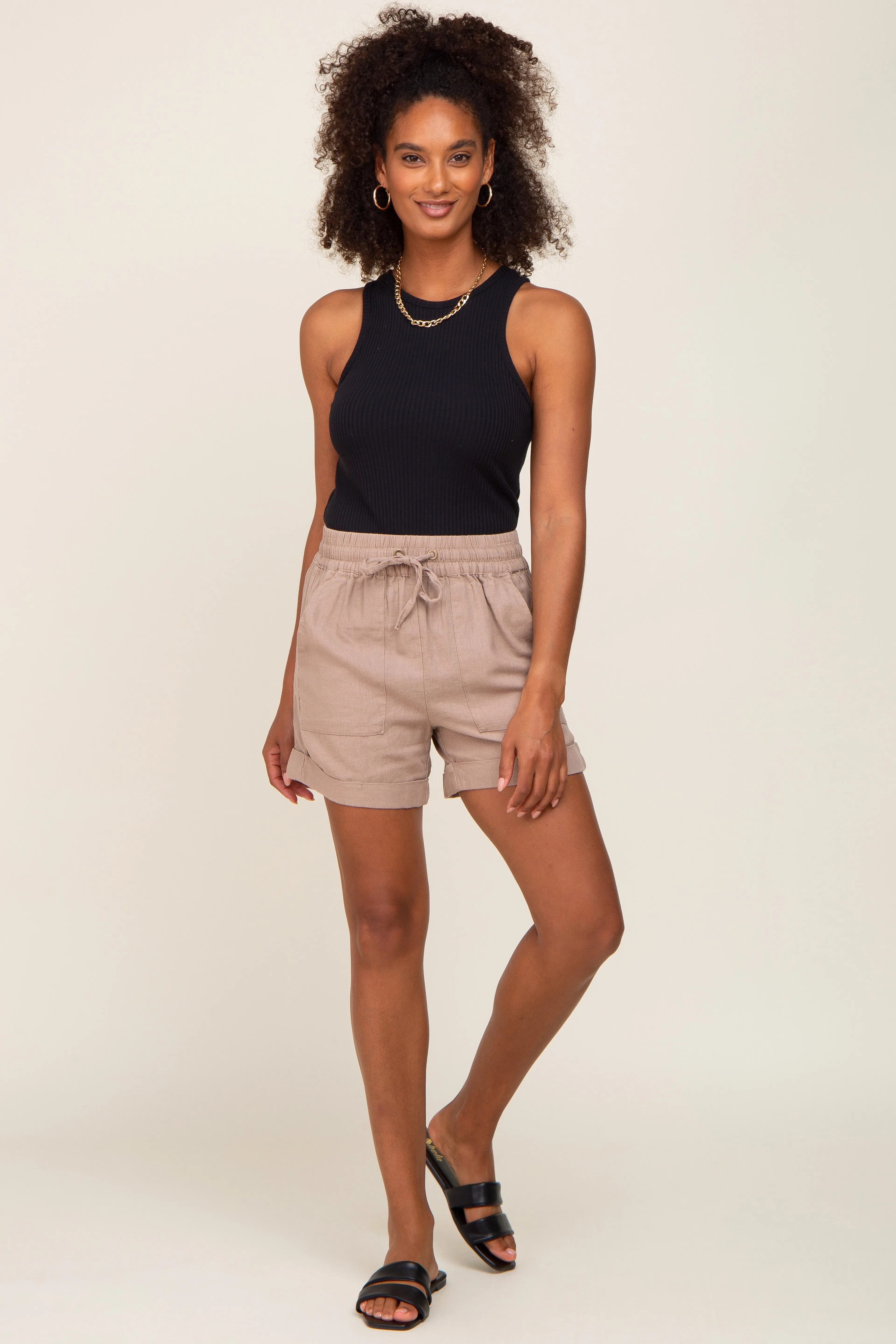 Beige Drawstring Cuffed Maternity Shorts