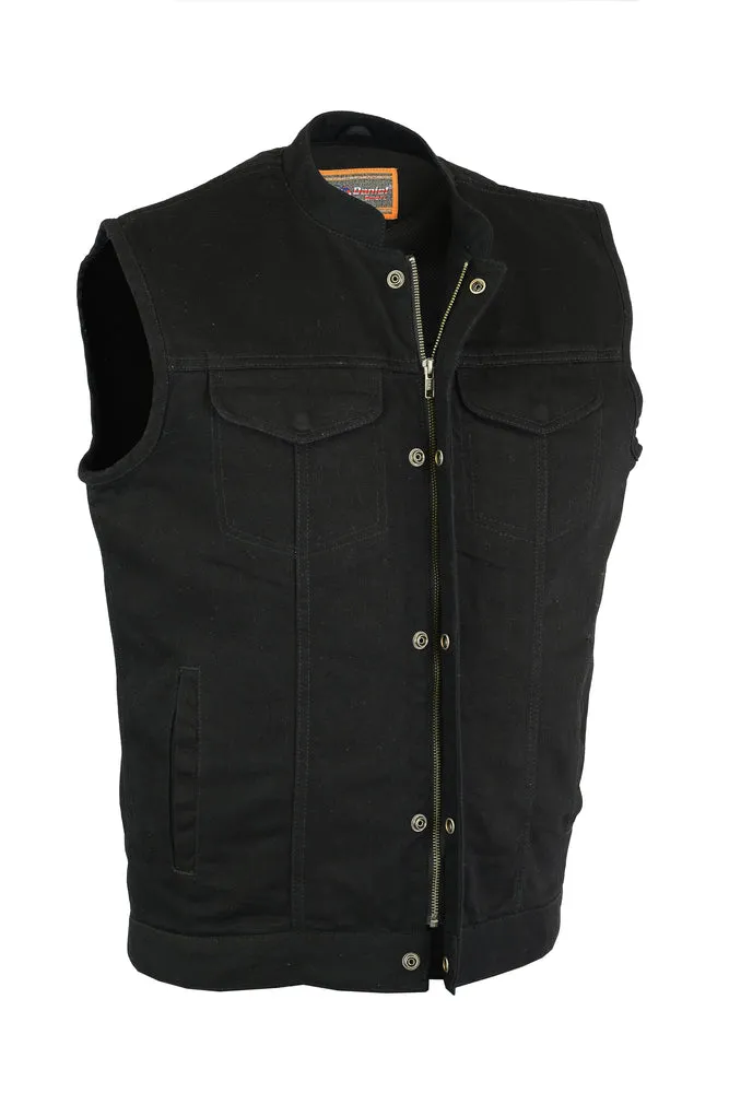 Black Concealed Snap Closure, Denim Material, Scoop Collar & Hidden Zipper Vest
