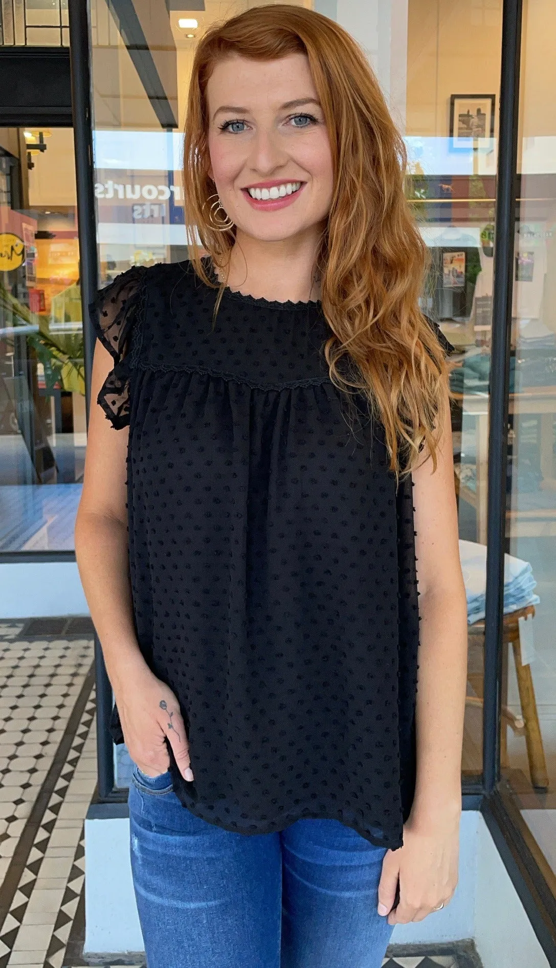 Blair Crochet Trim Swiss Dot Top Black