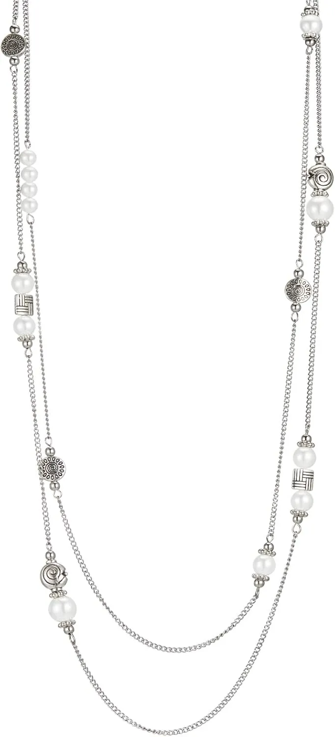 BULINLIN Layered Silver Long Necklace for Women Turquoise Stone Beaded Strand Sweater Chain Necklaces Fashion Costume Jewelry Gifts for Mom