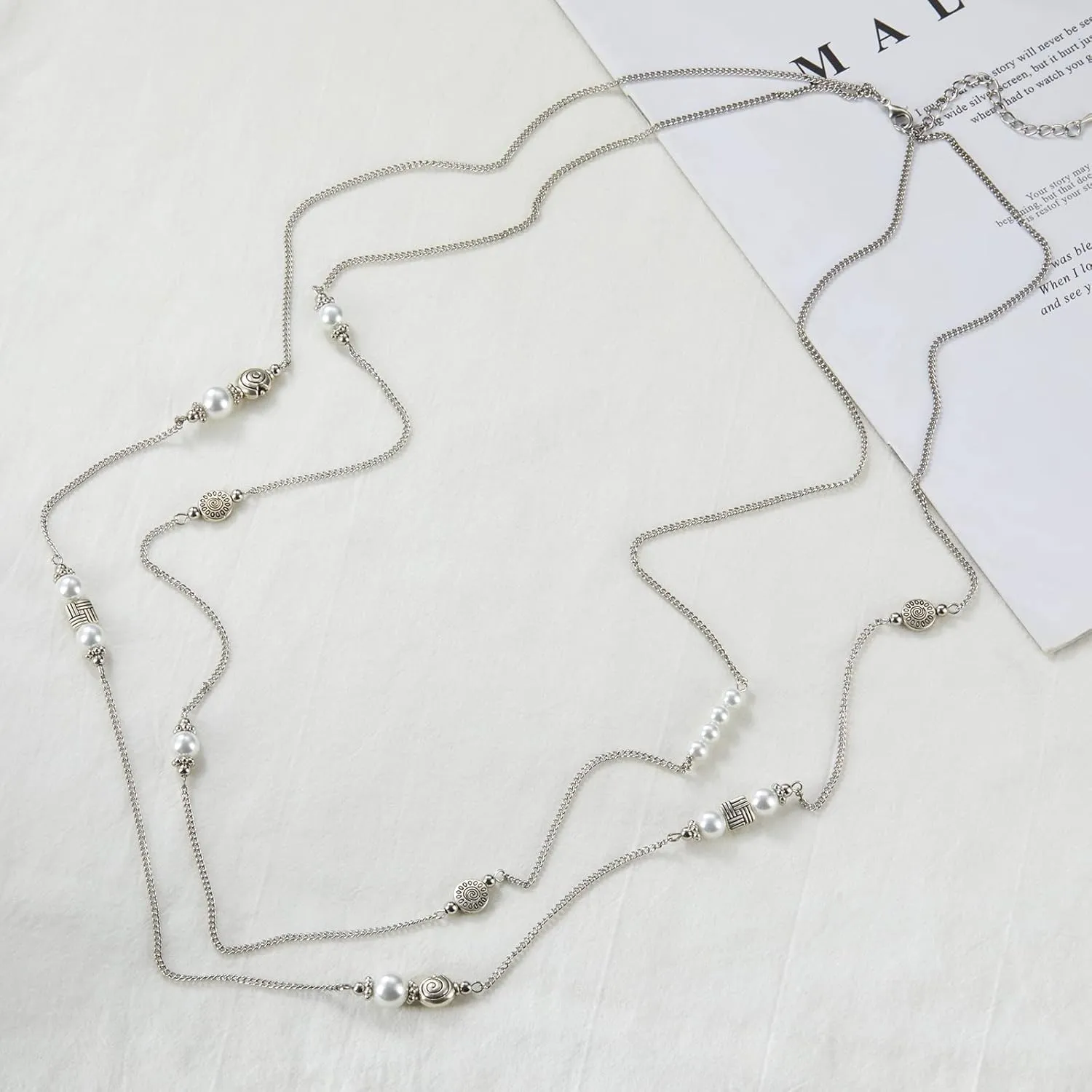 BULINLIN Layered Silver Long Necklace for Women Turquoise Stone Beaded Strand Sweater Chain Necklaces Fashion Costume Jewelry Gifts for Mom