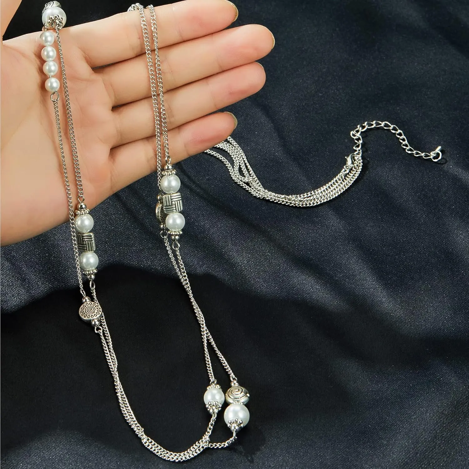 BULINLIN Layered Silver Long Necklace for Women Turquoise Stone Beaded Strand Sweater Chain Necklaces Fashion Costume Jewelry Gifts for Mom