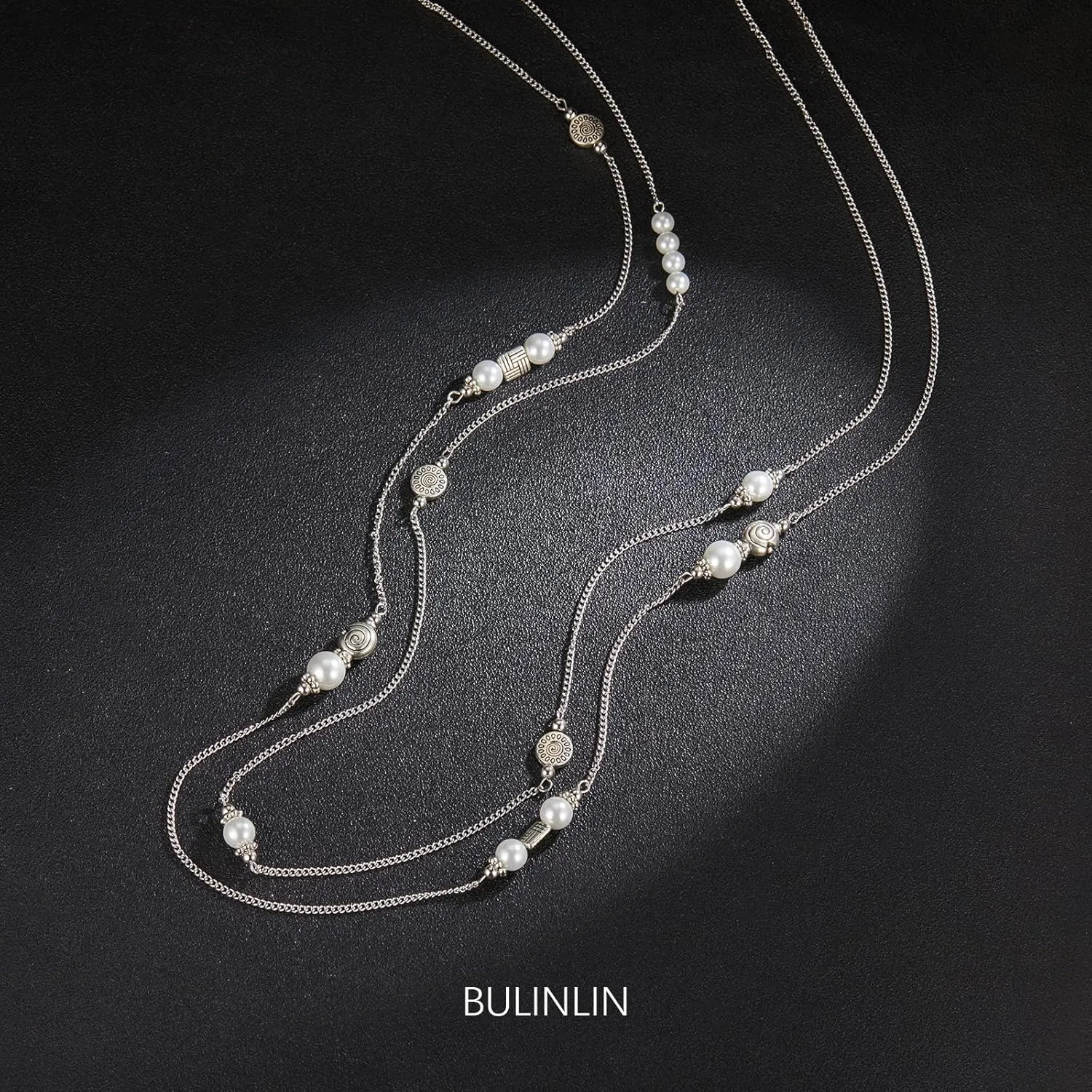 BULINLIN Layered Silver Long Necklace for Women Turquoise Stone Beaded Strand Sweater Chain Necklaces Fashion Costume Jewelry Gifts for Mom