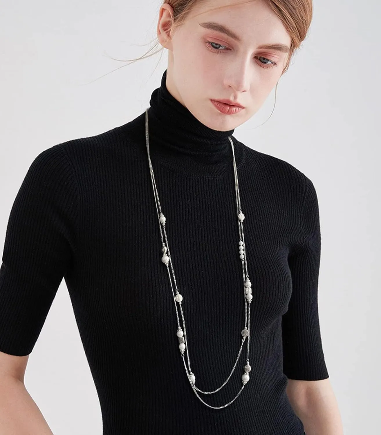 BULINLIN Layered Silver Long Necklace for Women Turquoise Stone Beaded Strand Sweater Chain Necklaces Fashion Costume Jewelry Gifts for Mom