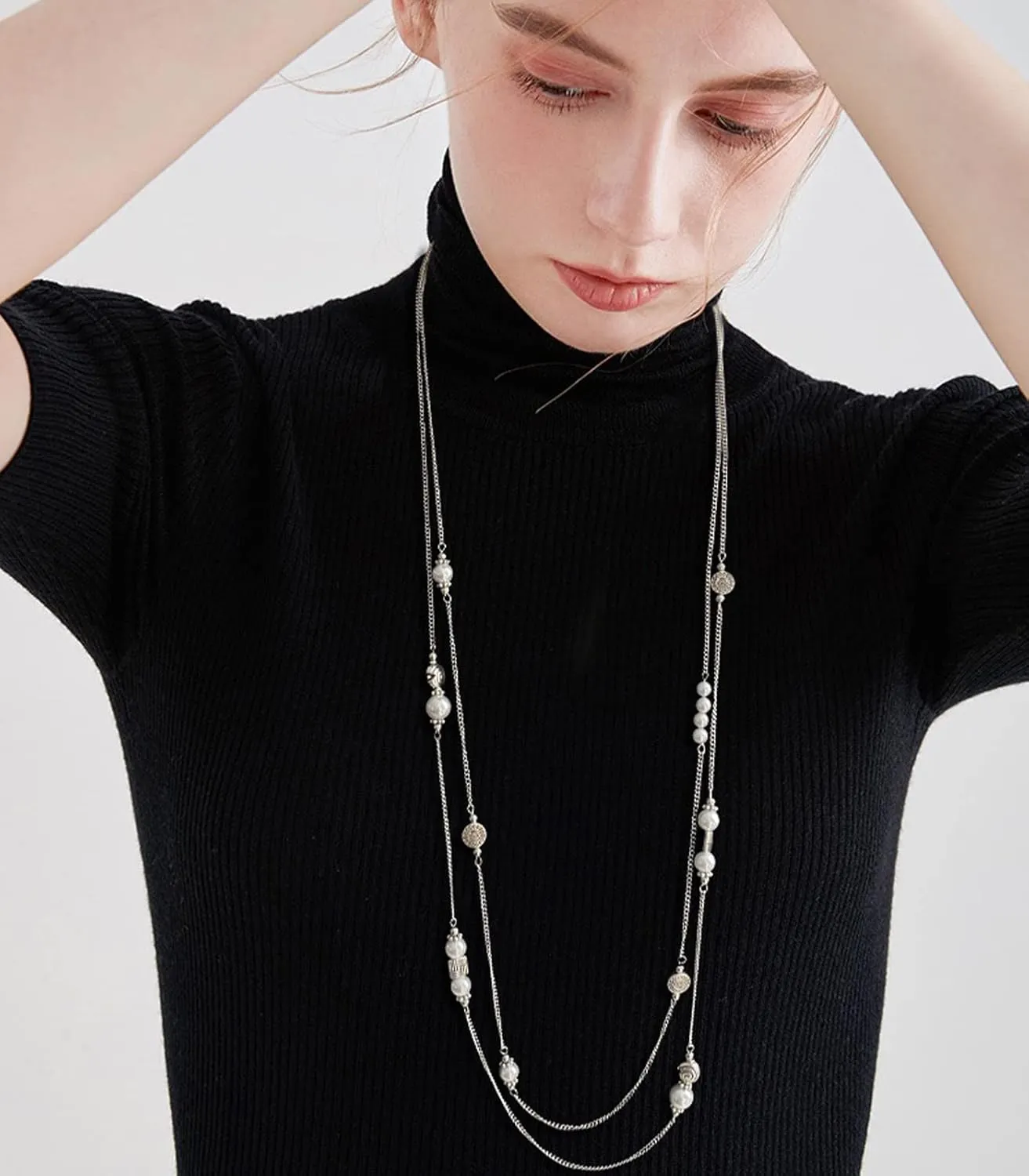 BULINLIN Layered Silver Long Necklace for Women Turquoise Stone Beaded Strand Sweater Chain Necklaces Fashion Costume Jewelry Gifts for Mom