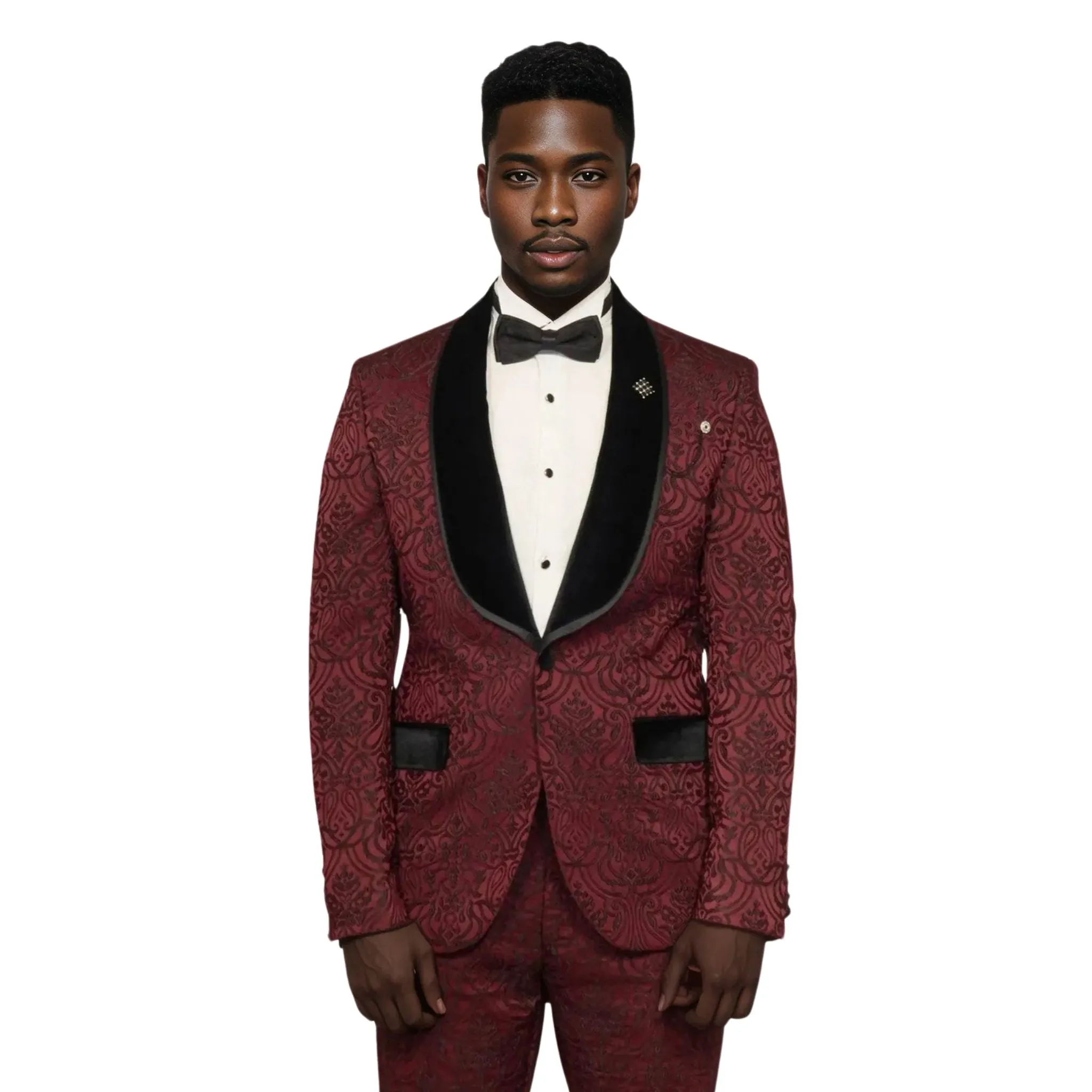 Burgundy European Prom Tuxedo with Black Velvet Lapel – 2025 Edition