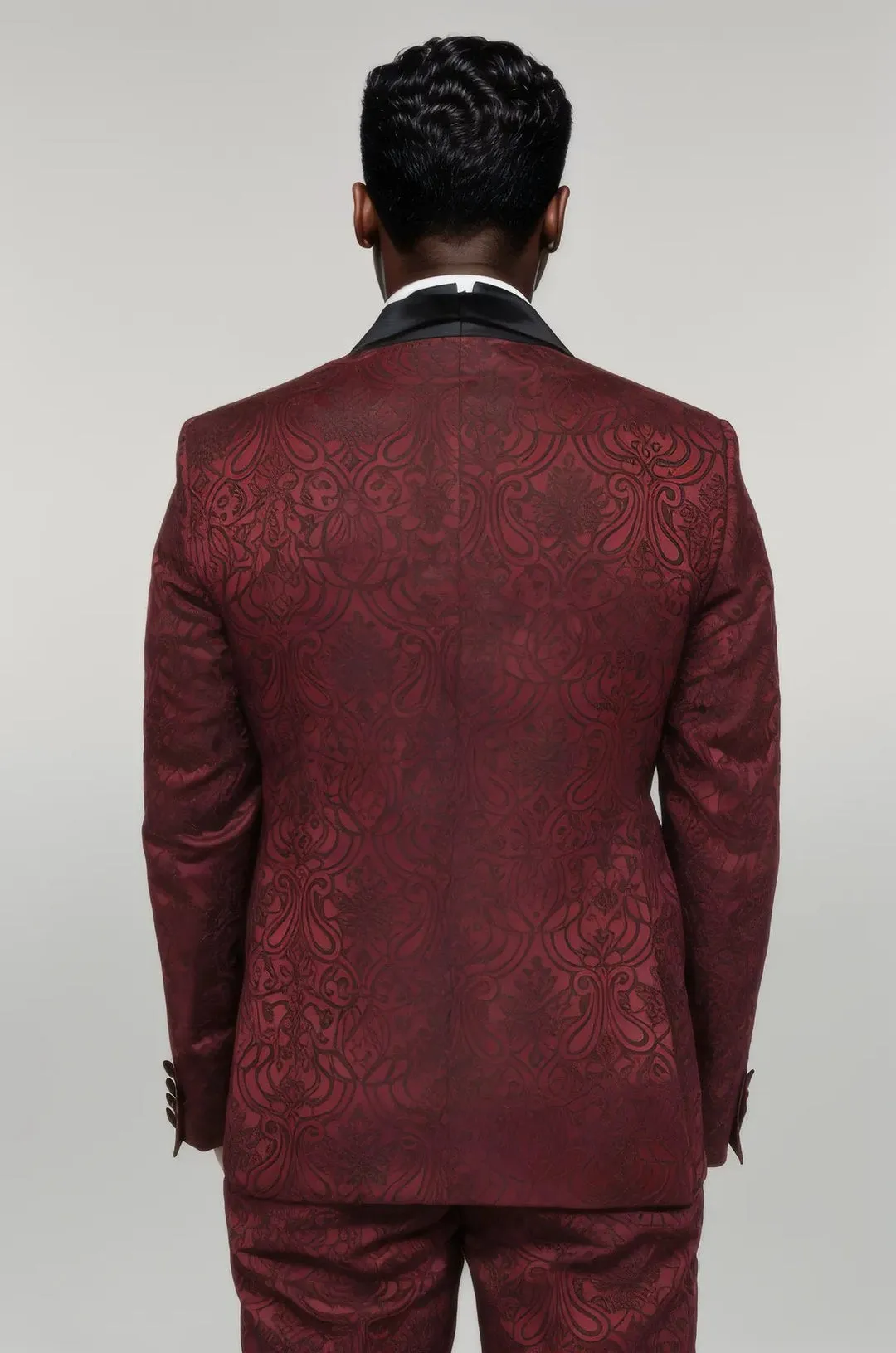 Burgundy European Prom Tuxedo with Black Velvet Lapel – 2025 Edition