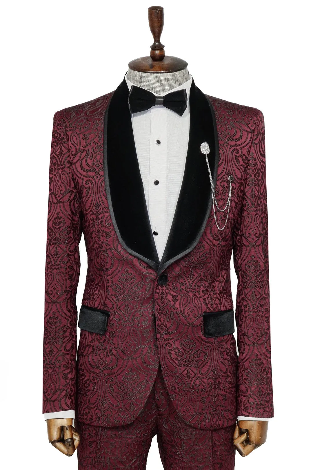 Burgundy European Prom Tuxedo with Black Velvet Lapel – 2025 Edition