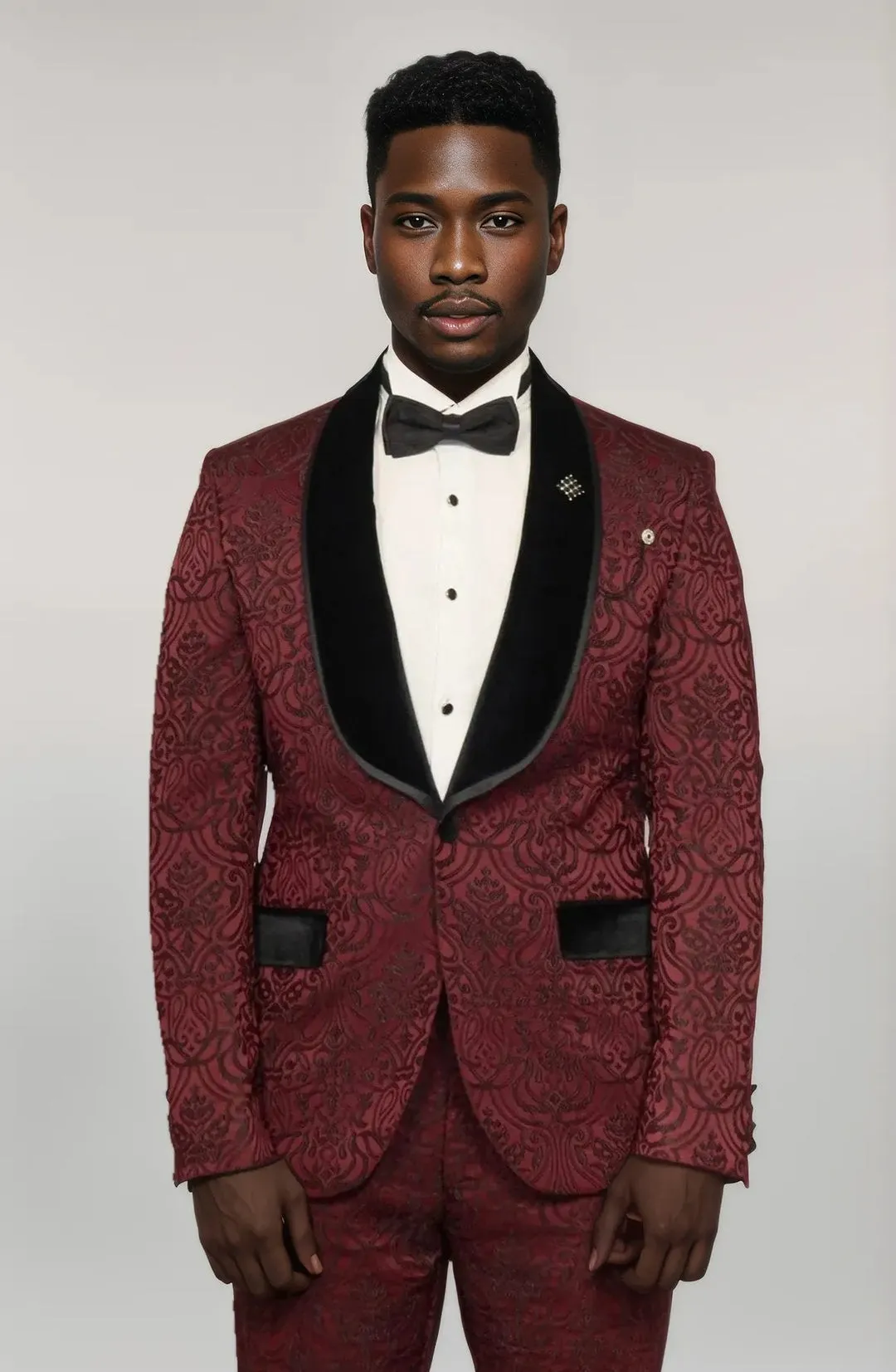 Burgundy European Prom Tuxedo with Black Velvet Lapel – 2025 Edition