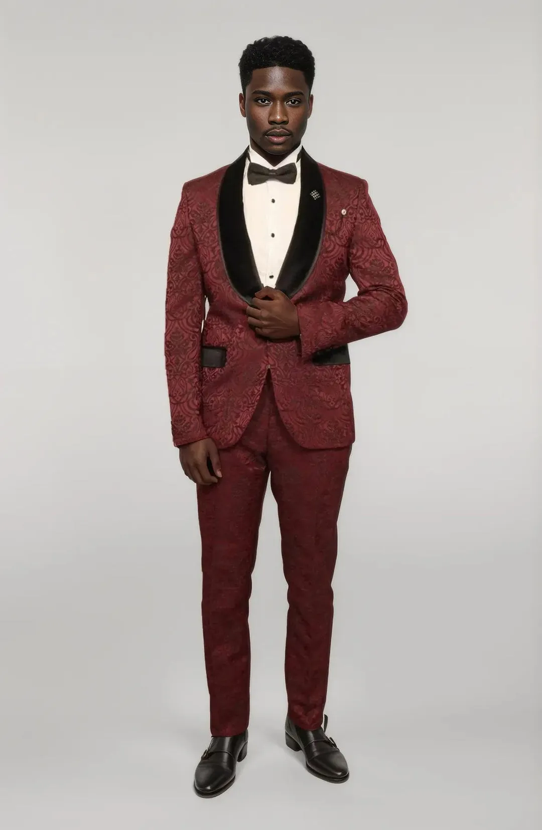 Burgundy European Prom Tuxedo with Black Velvet Lapel – 2025 Edition