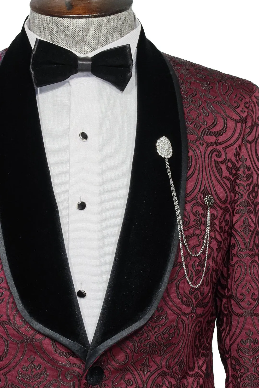 Burgundy European Prom Tuxedo with Black Velvet Lapel – 2025 Edition