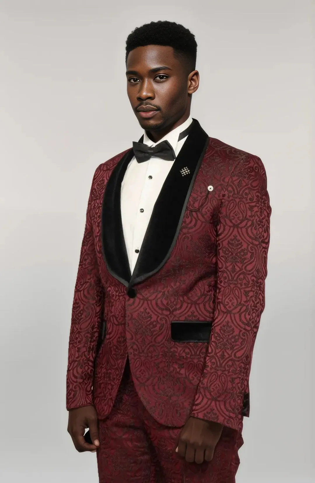 Burgundy European Prom Tuxedo with Black Velvet Lapel – 2025 Edition