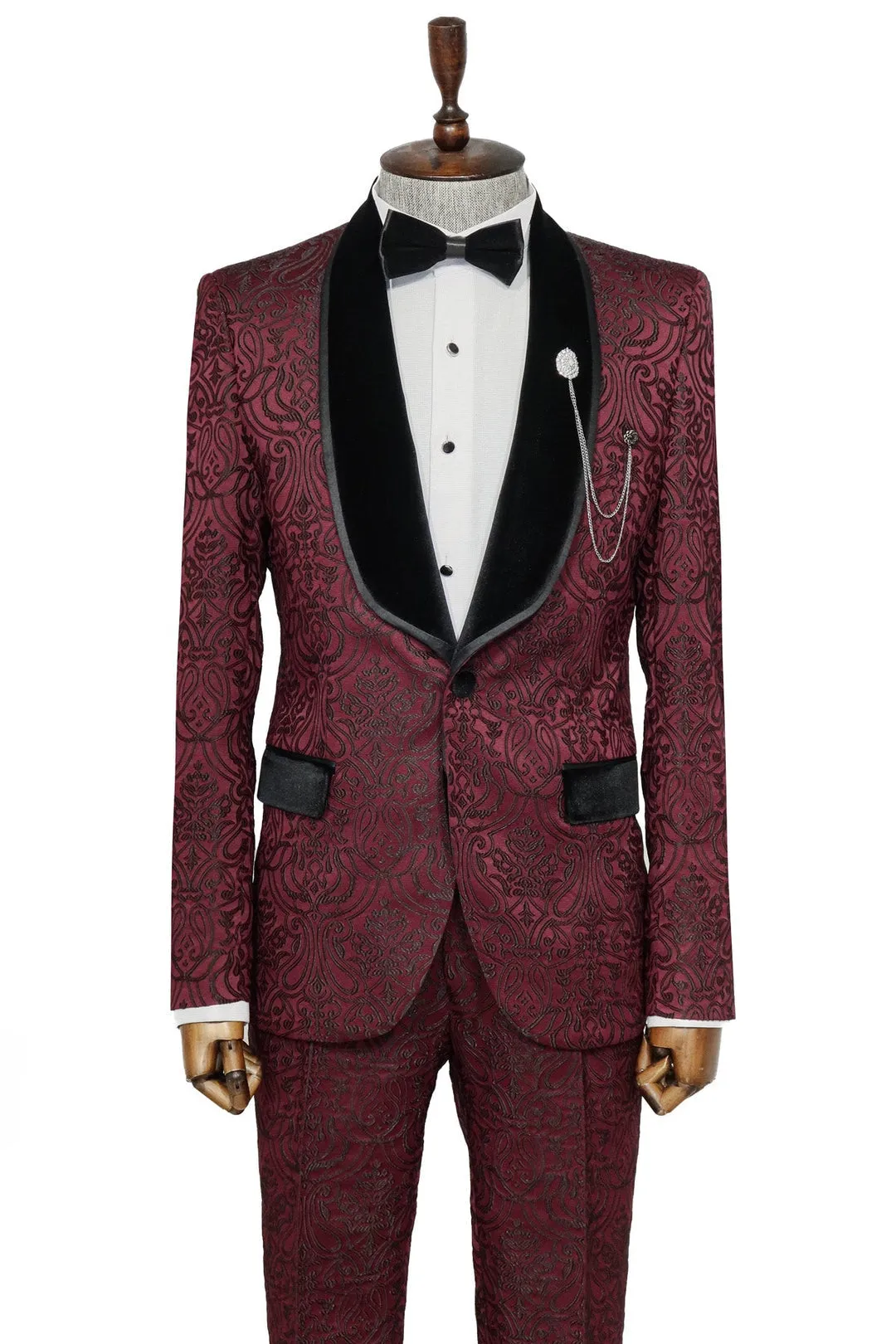 Burgundy European Prom Tuxedo with Black Velvet Lapel – 2025 Edition