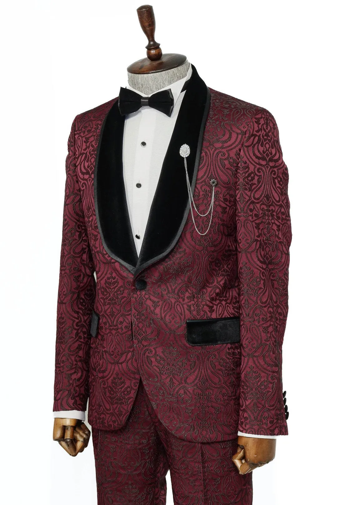 Burgundy European Prom Tuxedo with Black Velvet Lapel – 2025 Edition