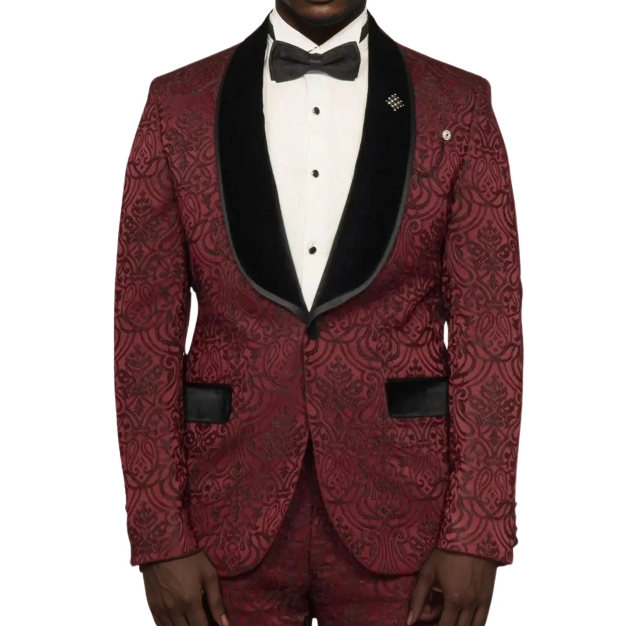 Burgundy European Prom Tuxedo with Black Velvet Lapel – 2025 Edition