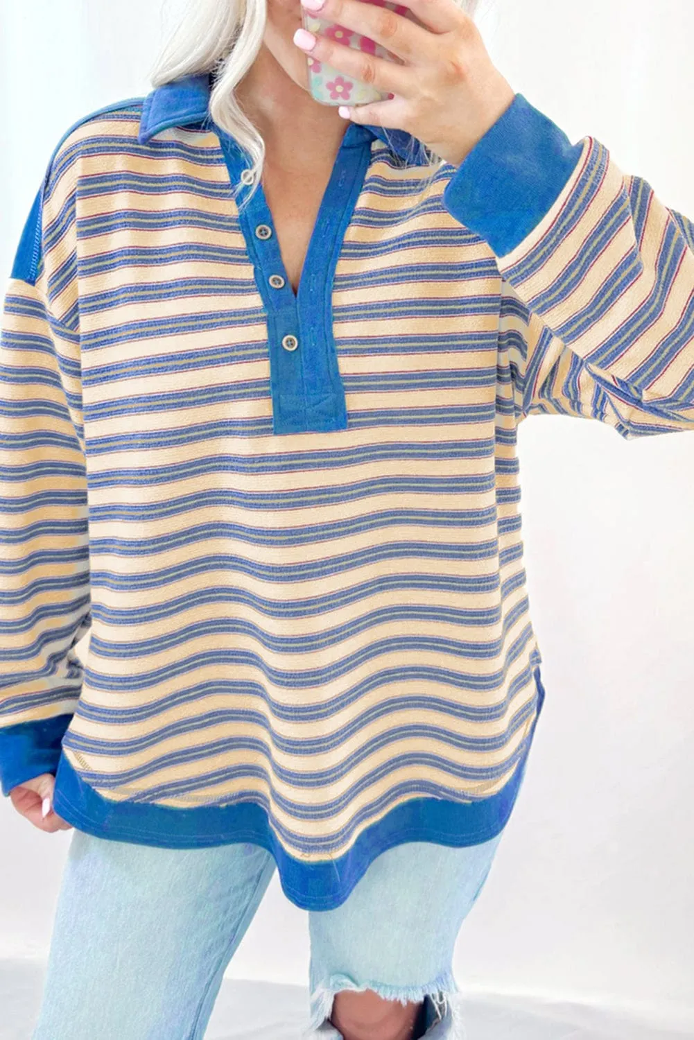 Calen Striped Collared V-Neck Top