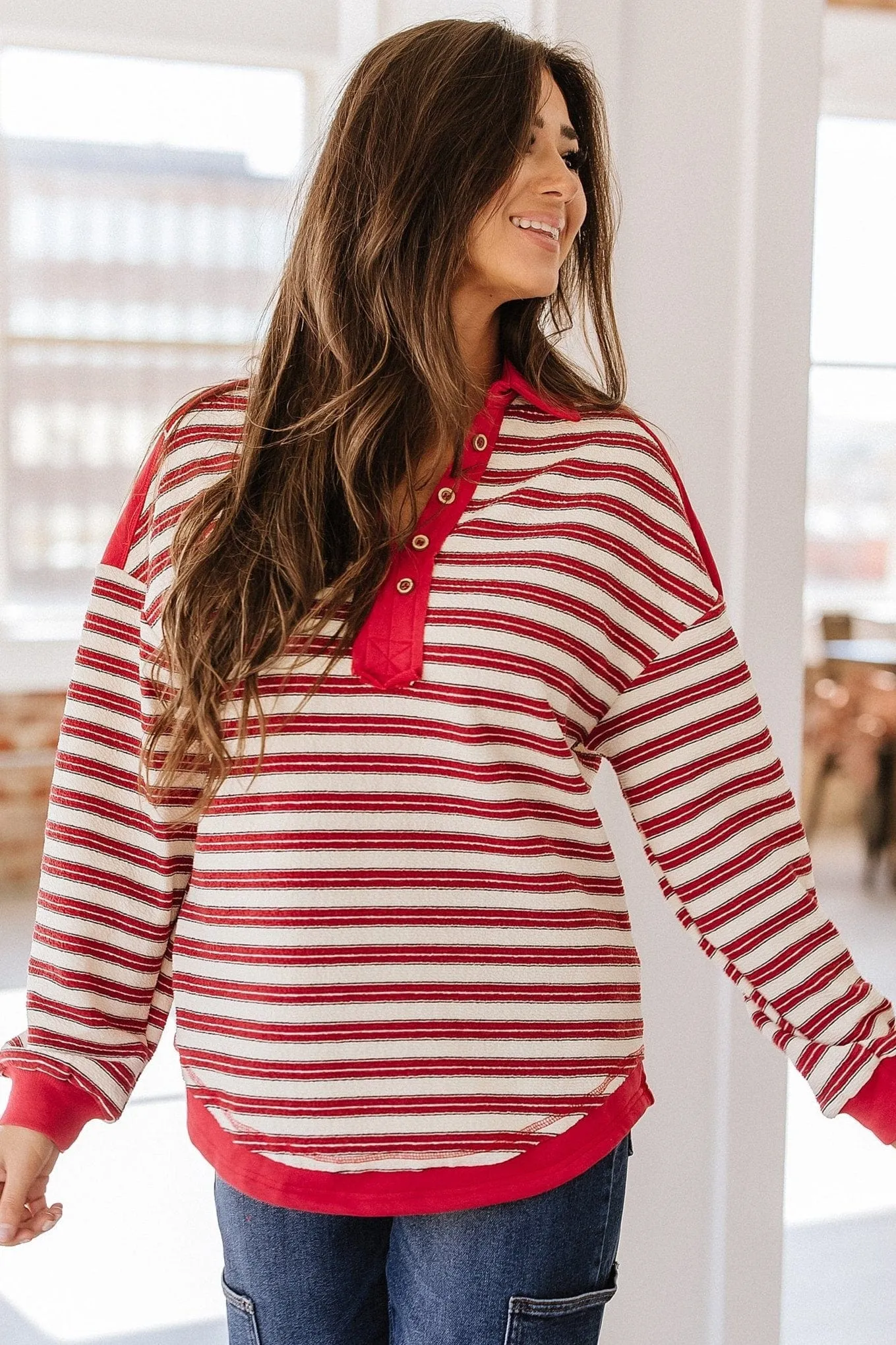 Calen Striped Collared V-Neck Top