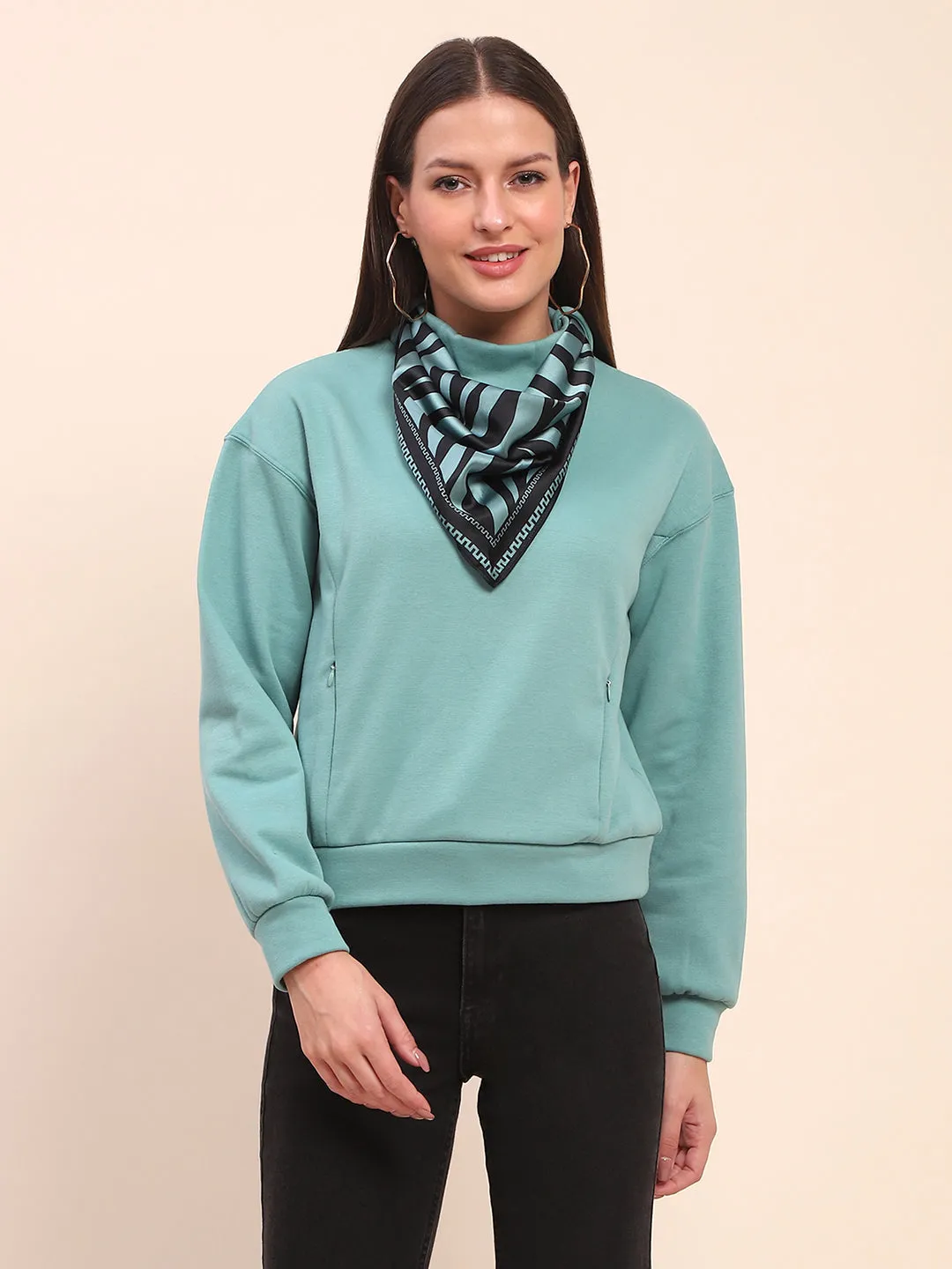 Camla Barcelona Cotton High Neck Sea Green Sweatshirt
