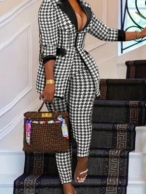 Chic Houndstooth Two-Piece Outfit Set - Stylish Blazer & Flattering Pants - Elegant Womens Clothing for Fashion-Forward Looks