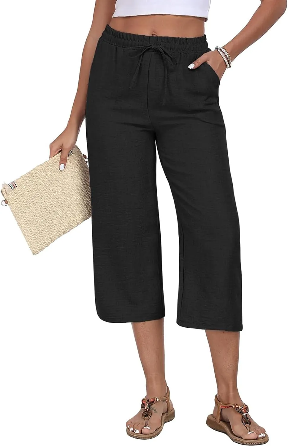 Cotton Linen Capri Pants for Women Elasticated Waist 3/4 Length Trousers Summer Cropped Pant Casual Wide Leg Bottoms