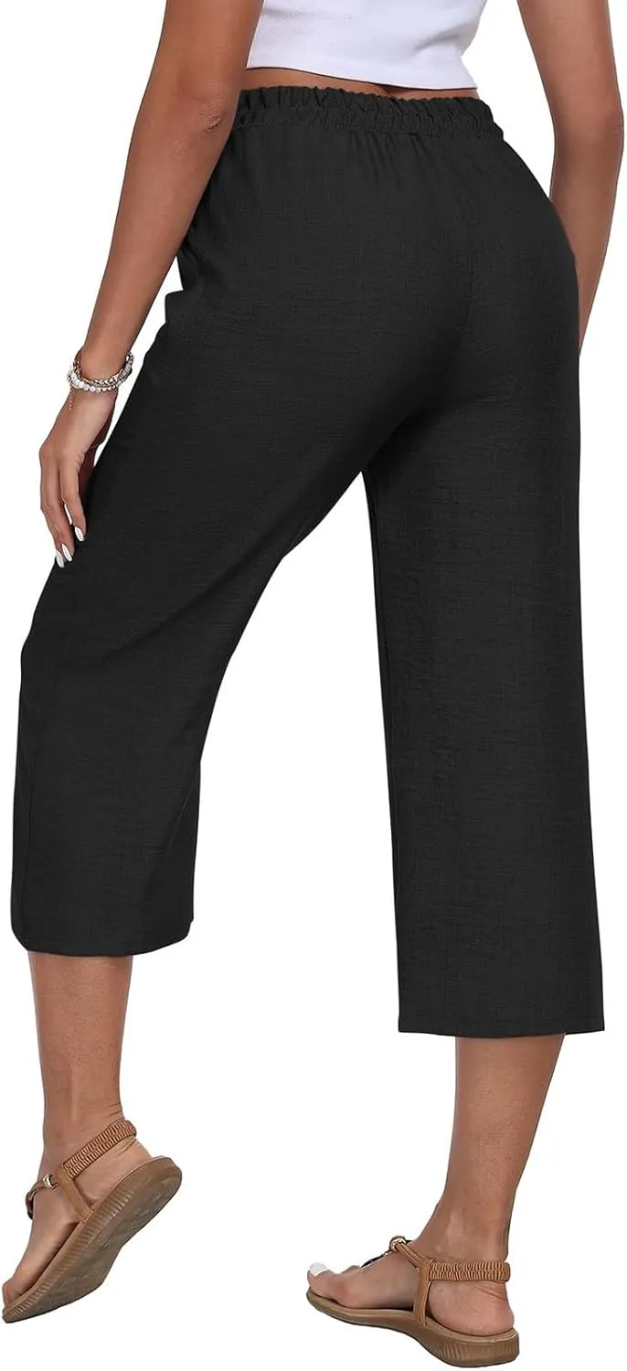Cotton Linen Capri Pants for Women Elasticated Waist 3/4 Length Trousers Summer Cropped Pant Casual Wide Leg Bottoms