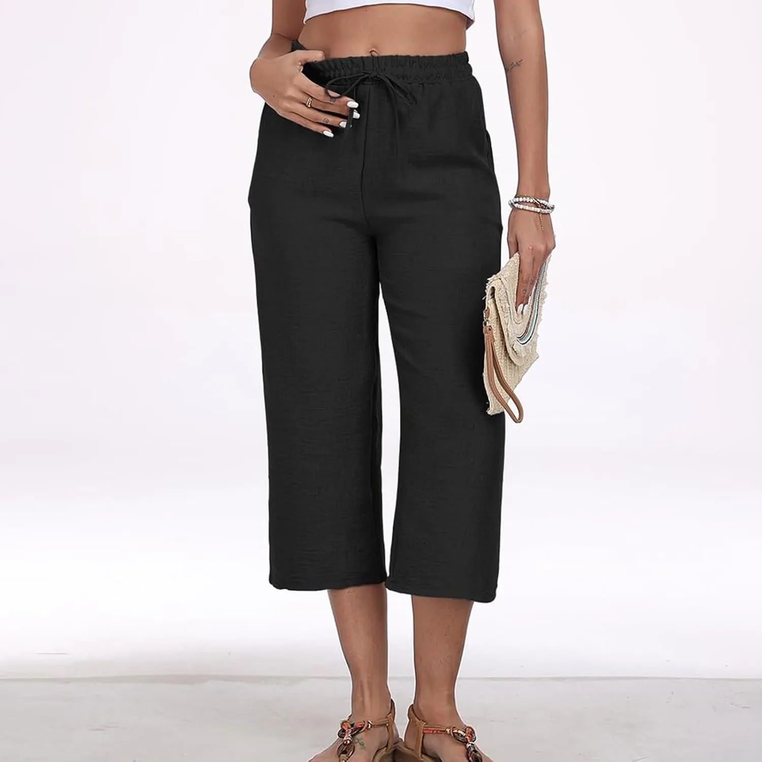 Cotton Linen Capri Pants for Women Elasticated Waist 3/4 Length Trousers Summer Cropped Pant Casual Wide Leg Bottoms
