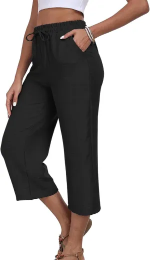 Cotton Linen Capri Pants for Women Elasticated Waist 3/4 Length Trousers Summer Cropped Pant Casual Wide Leg Bottoms