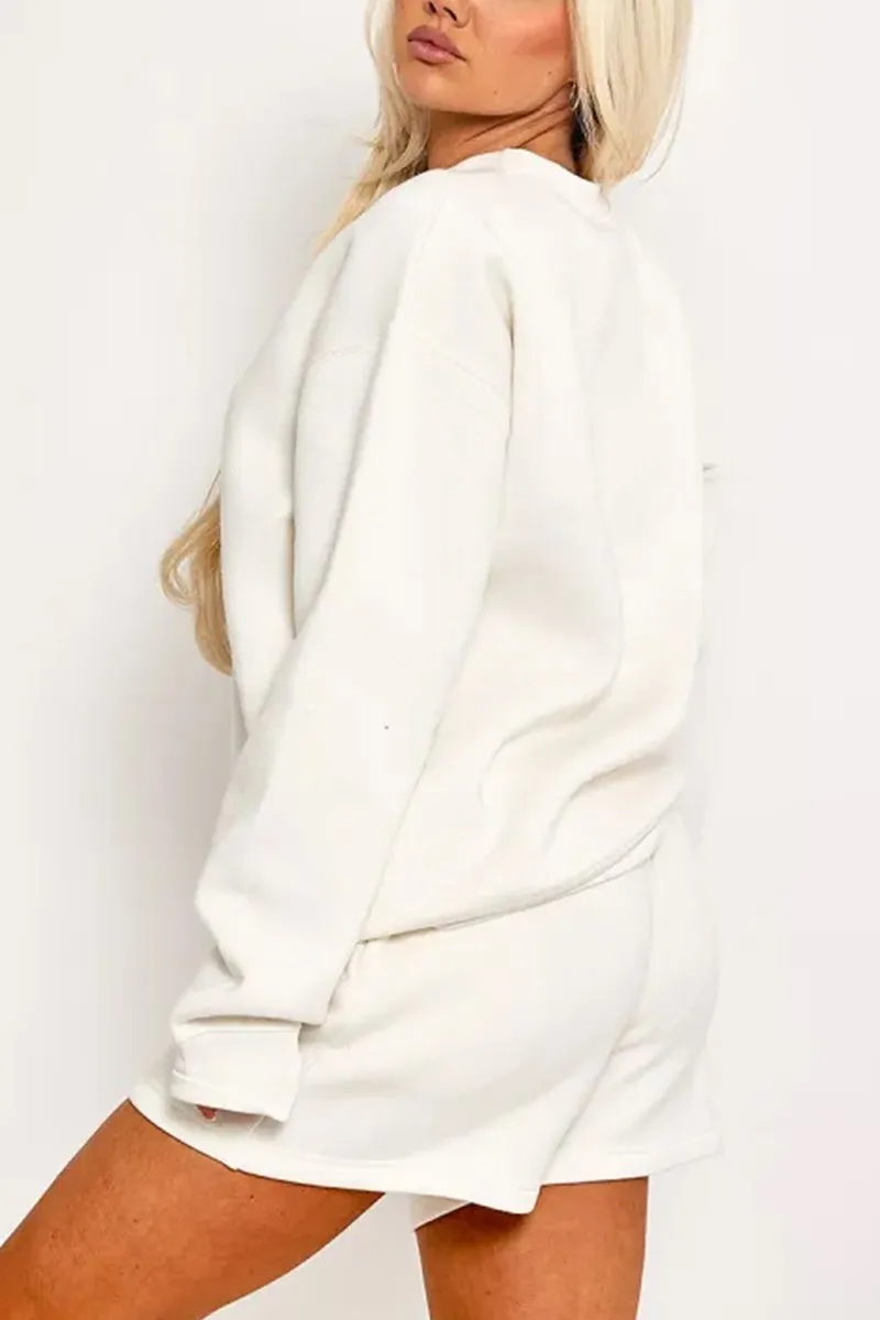 Cream Letter Print Pullover & Shorts Casual Co-ord 2PCS