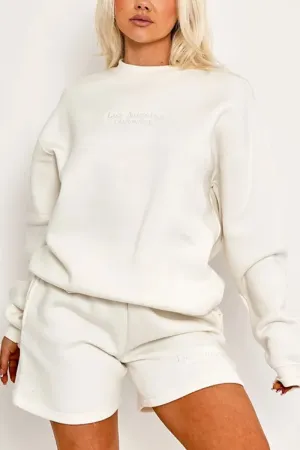 Cream Letter Print Pullover & Shorts Casual Co-ord 2PCS