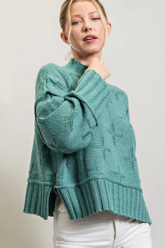 Cross Pattern Turtle Long Sleeve Neck Knit Sweater Top