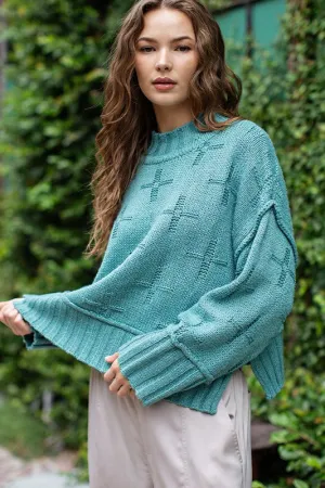 Cross Pattern Turtle Long Sleeve Neck Knit Sweater Top