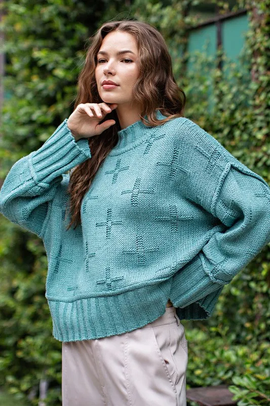 Cross Pattern Turtle Long Sleeve Neck Knit Sweater Top