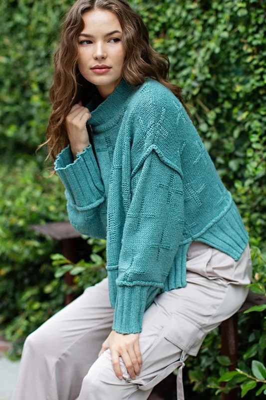 Cross Pattern Turtle Long Sleeve Neck Knit Sweater Top