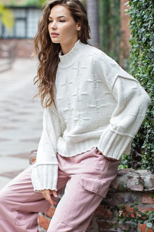 Cross Pattern Turtle Long Sleeve Neck Knit Sweater Top