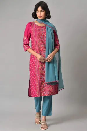 Dark Pink Floral kurta In Boat Neck With Teal Blue Slim Pants And Dupatta