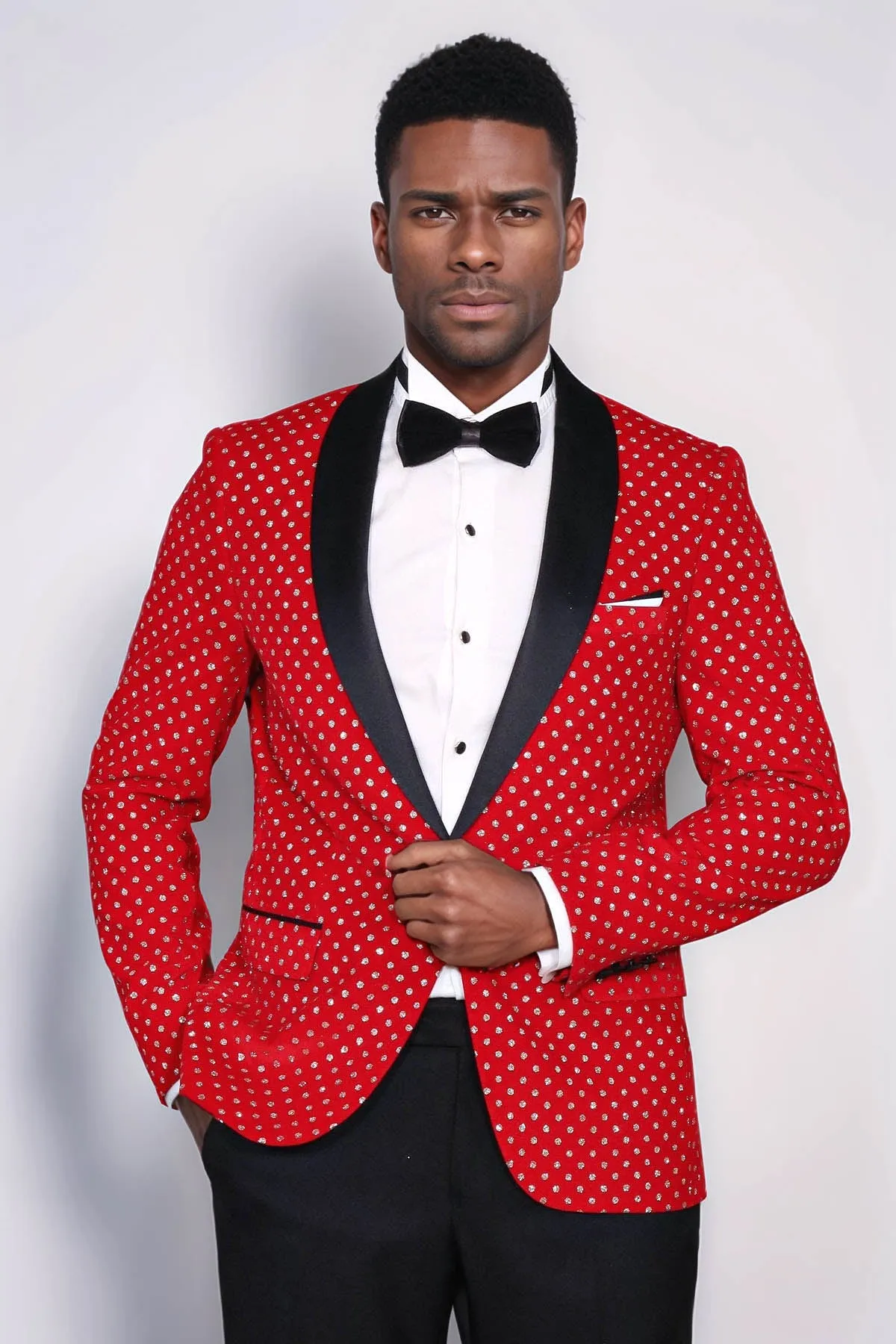 Dot Patterned Slim Fit Red Men Singer Tuxedo Blazer - Wessi