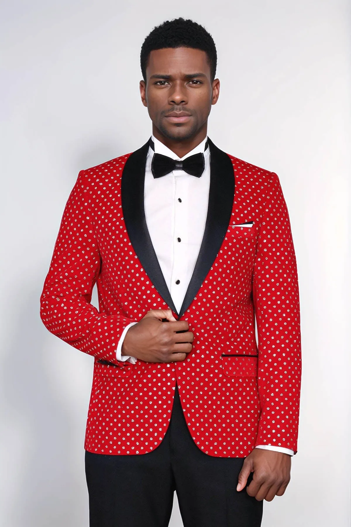 Dot Patterned Slim Fit Red Men Singer Tuxedo Blazer - Wessi